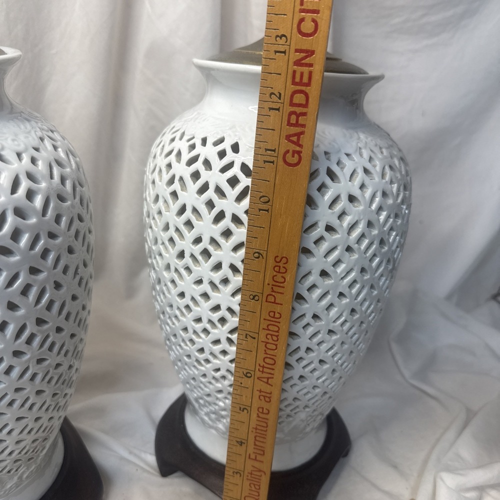 2 VTG Toyo Blanc de Chine Lamp Dual Light MCM Reticulated Ginger Jar Hollywood - Picture 9 of 16